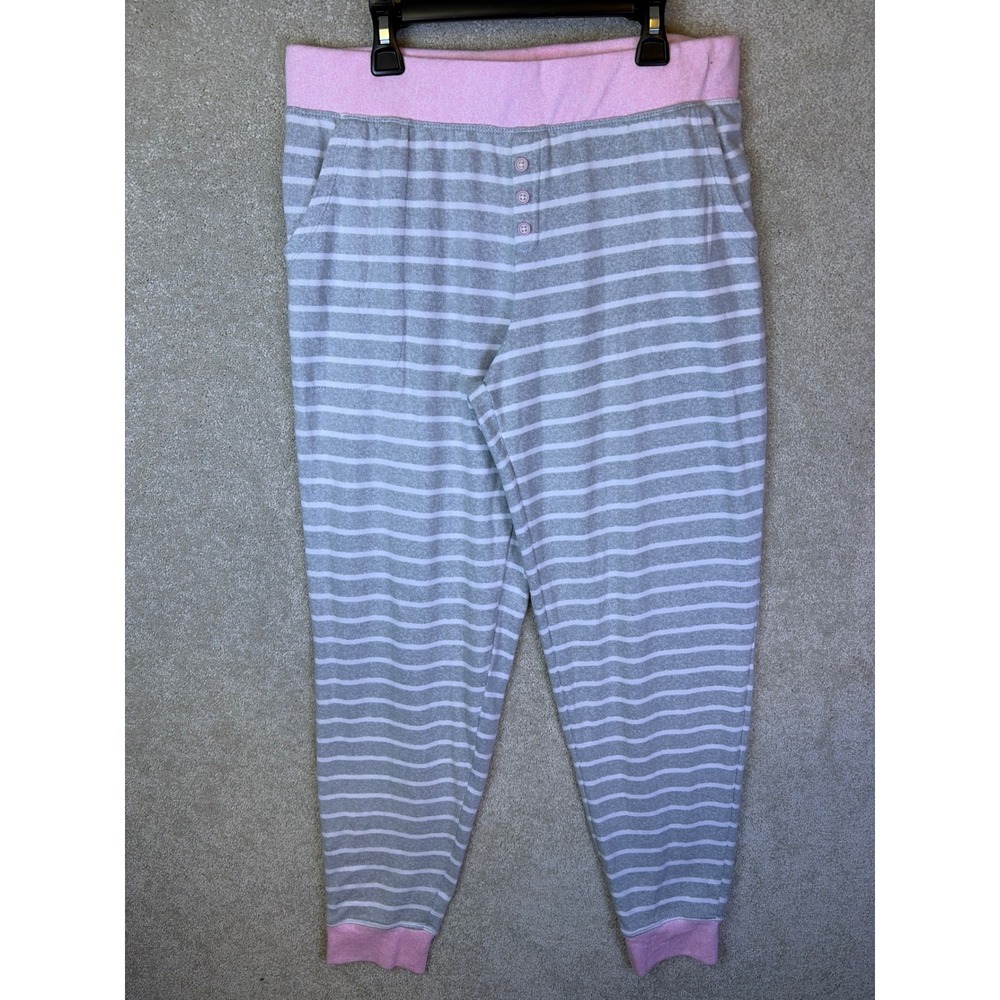 Cuddl Duds Pajama Pants Womens Medium Gray Pink Striped Jogger Faux Henley NEW